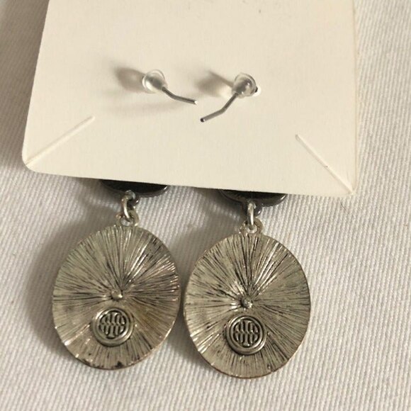 Textured Silver Gunmetal Oval Round Dangle Pierced Earrings - Picture 3 of 5